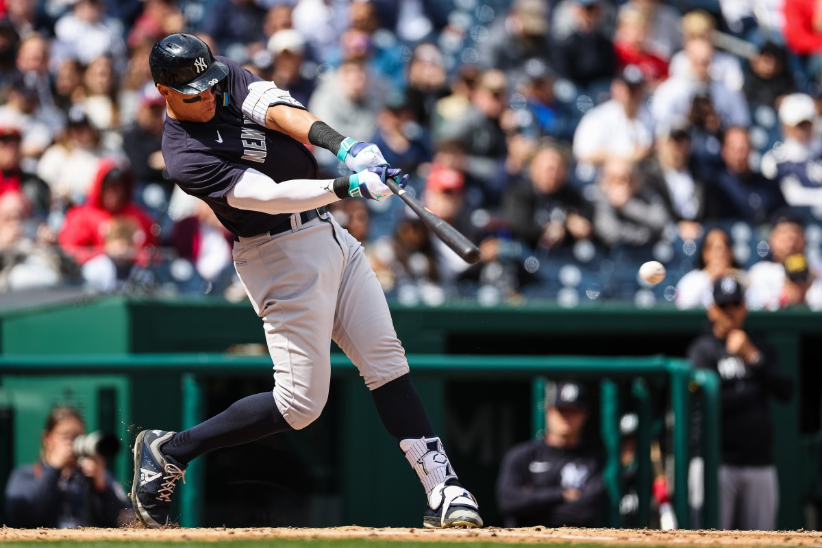 NY Yankees outfielder Aaron Judge bats during Spring Training