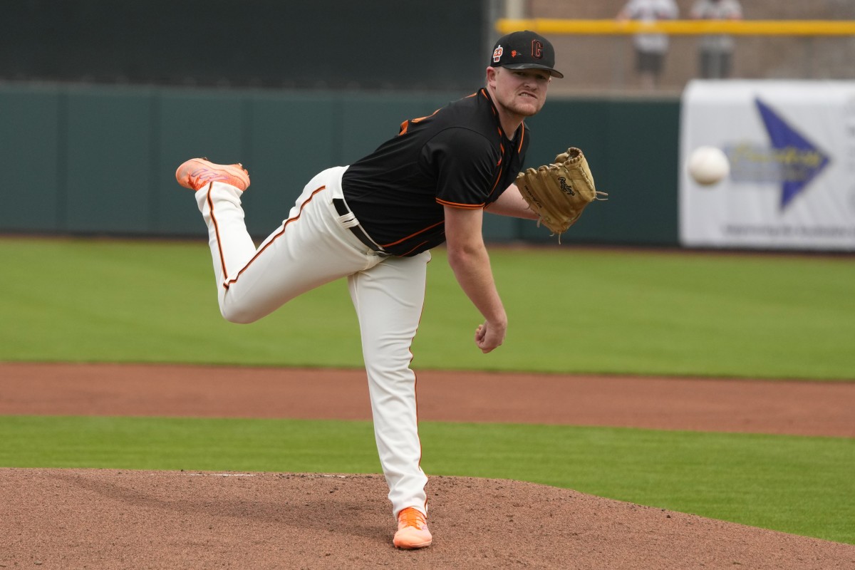 SF Giants starting pitcher Logan Webb throws against the Los Angeles Angels in the first inning at Scottsdale Stadium. (2023)