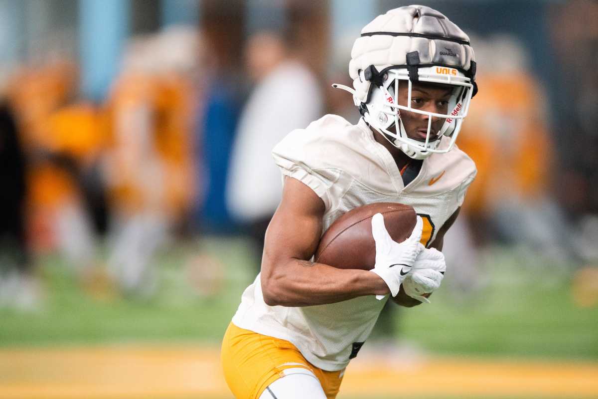 Tennessee Volunteers WR Squirrel White during spring practice on March 20, 2023, in Knoxville, Tennessee. (Photo by Brianna Paciorka of the News Sentinel)