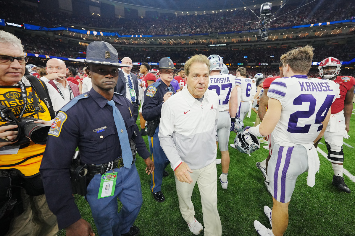 Dec 31, 2022; New Orleans, LA, USA; Alabama Crimson Tide head coach Nick Saban following the victory against the Kansas State Wildcats in the 2022 Sugar Bowl at Caesars Superdome.
