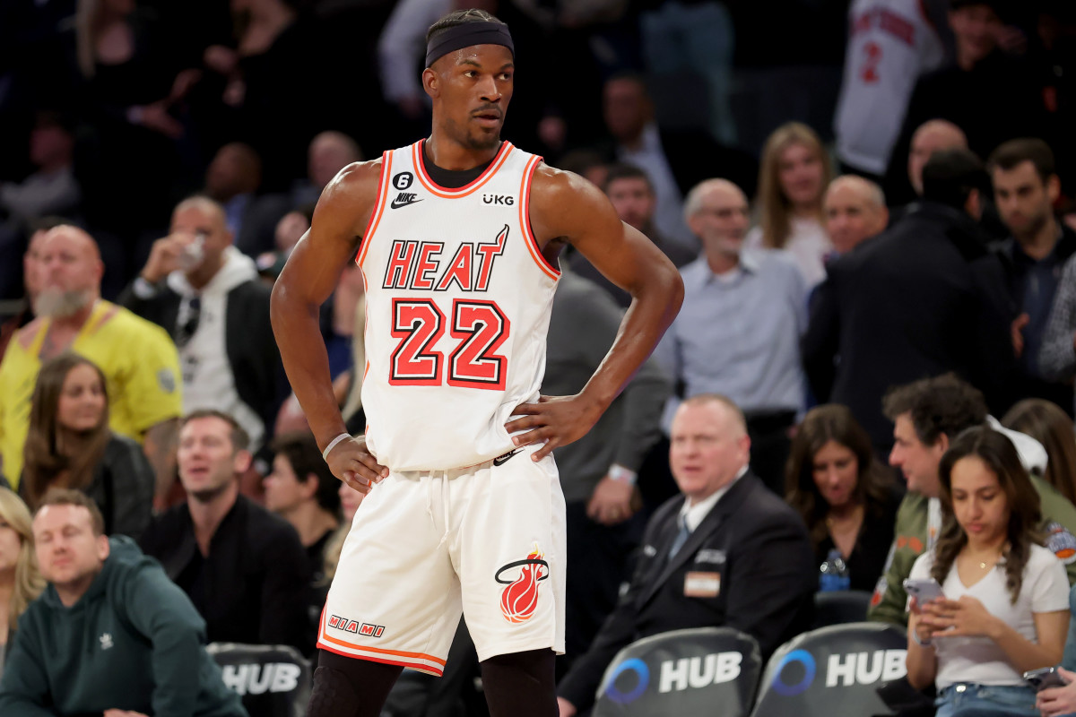 Miami Heat forward Jimmy Butler looks on during a game.