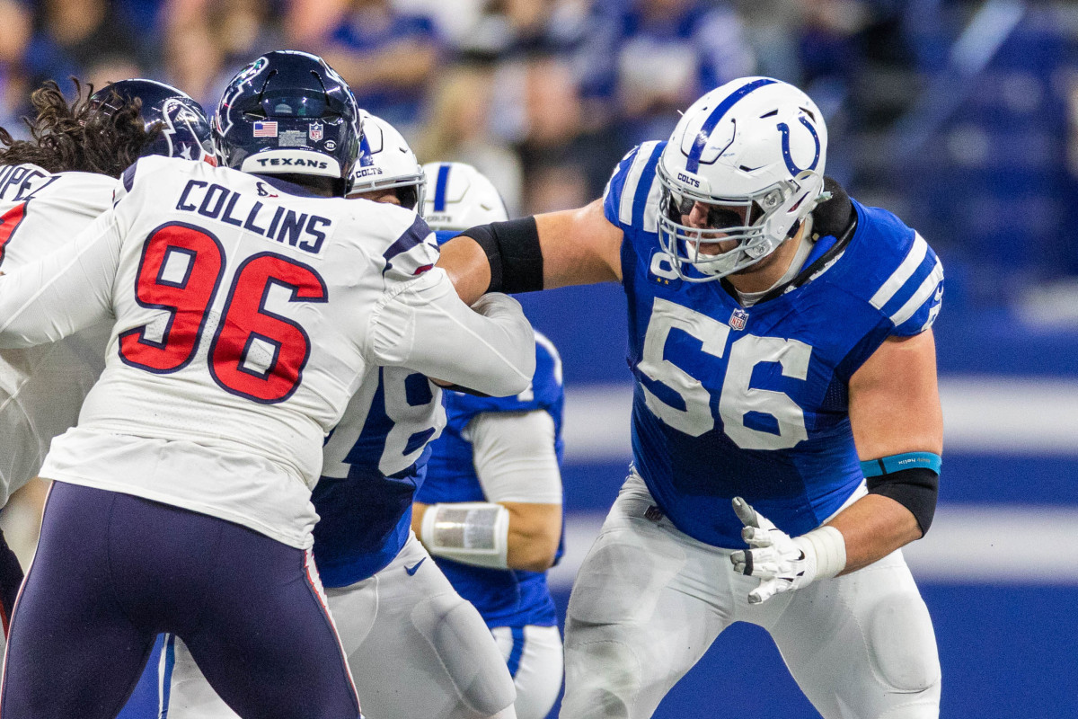 Jan 8, 2023; Indianapolis, Indiana, USA; Indianapolis Colts guard Quenton Nelson (56) in the first half against the Houston Texans at Lucas Oil Stadium.