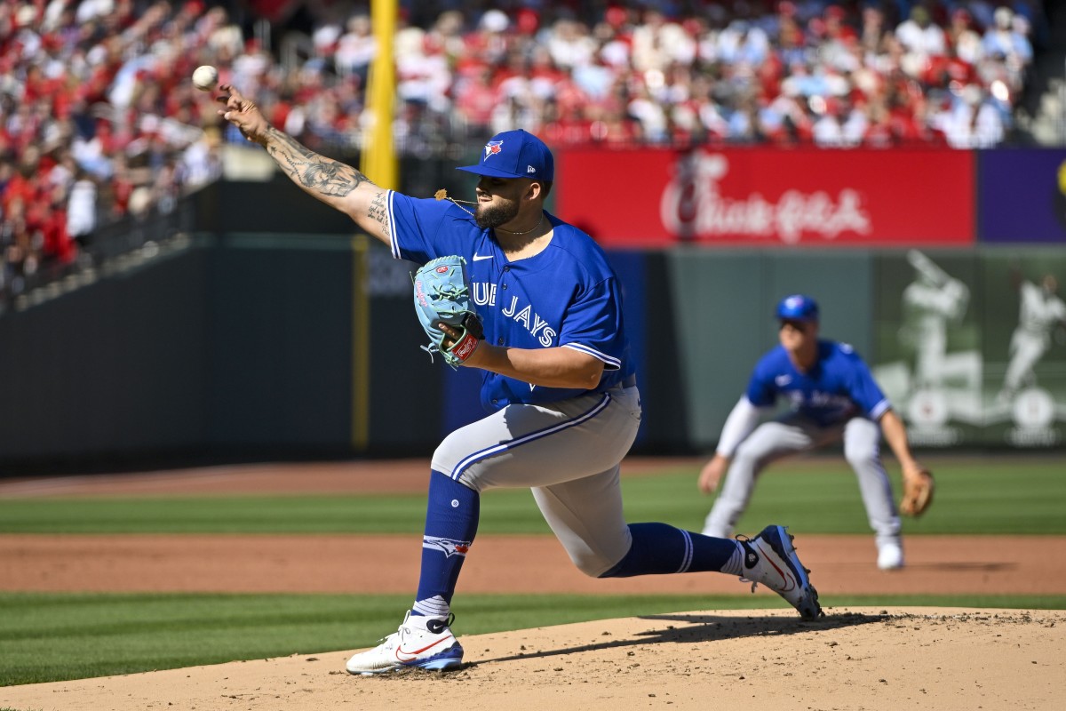 Mar 30, 2023; St. Louis, Missouri, USA; Toronto Blue Jays starting pitcher Alek Manoah (6) pitches against the St. Louis Cardinals during the first inning at Busch Stadium.