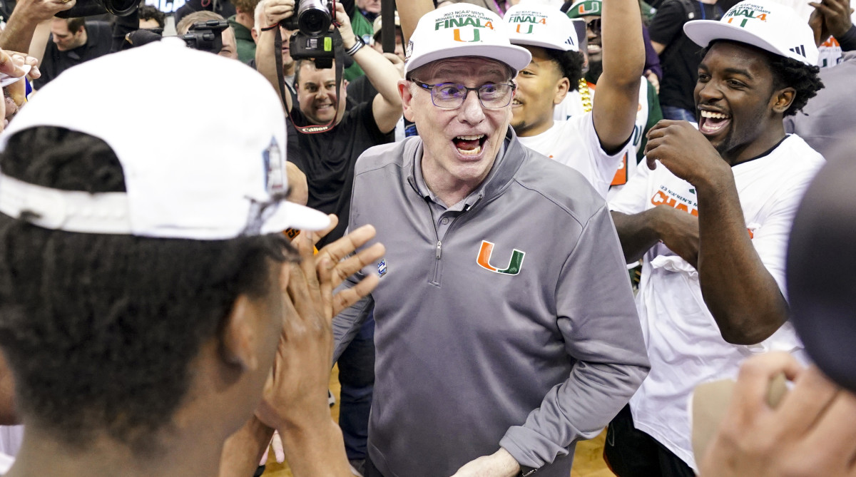 Miami head coach Jim Larranaga celebrates with his team.