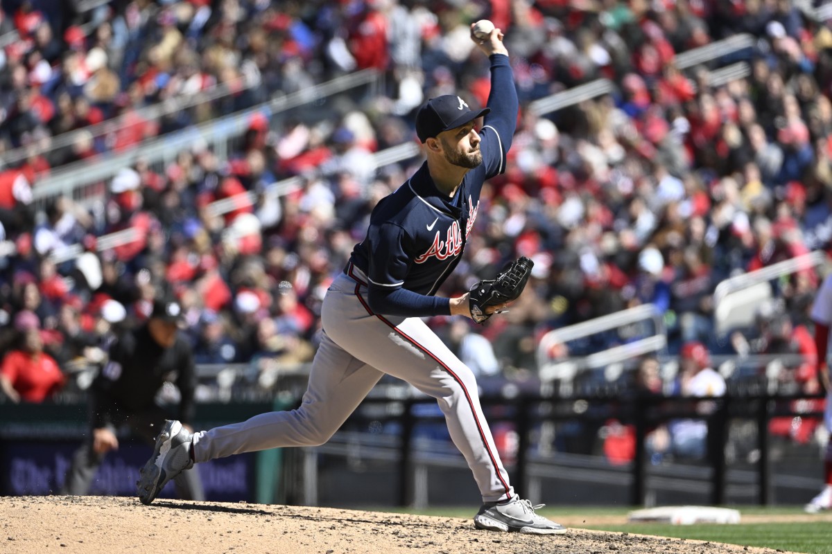 Mar 30, 2023; Washington, District of Columbia, USA; Atlanta Braves relief pitcher Lucas Luetge (63) throws to the Washington Nationals during the fifth inning at Nationals Park. Mandatory Credit: Brad Mills-USA TODAY Sports
