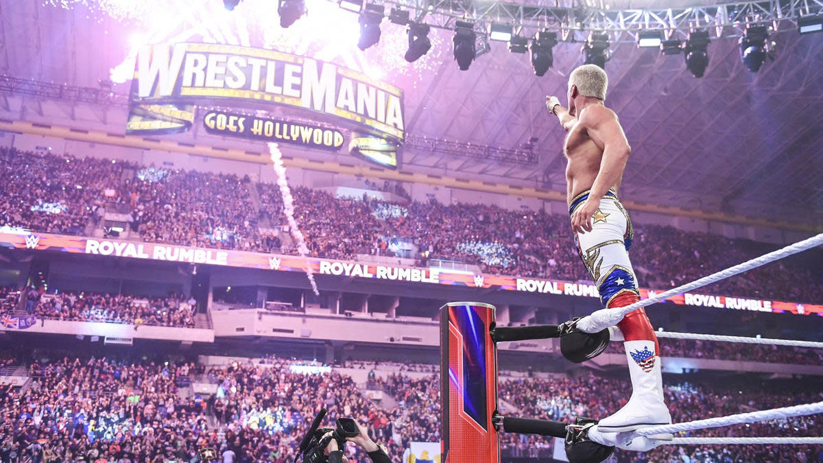 Cody Rhodes points to the WrestleMania sign after winning the Royal Rumble