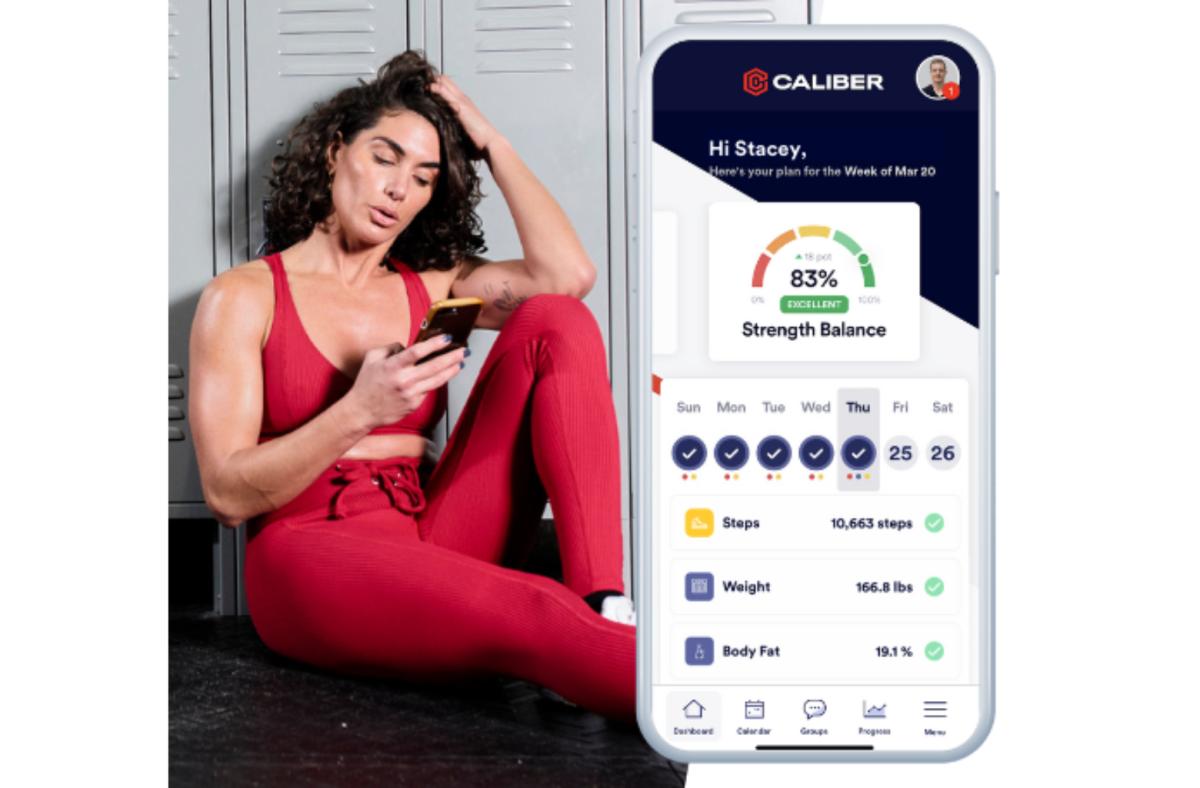 Image of woman in gym clothes looking at her phone, and close up of the Caliber app on a smart phone