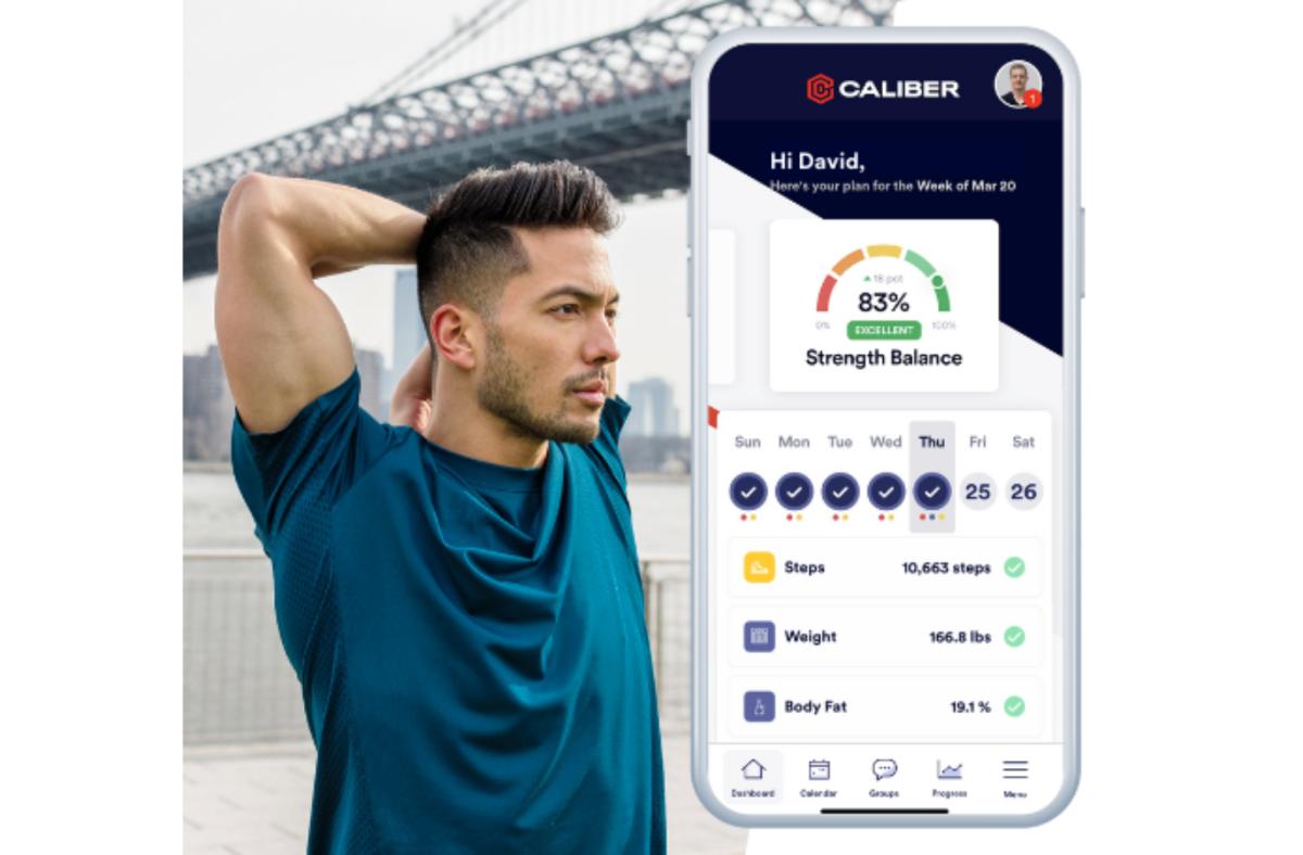 Man stretching his arm before a workout, and close up of Caliber app on smartphone