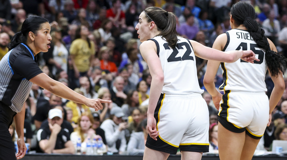 Iowa Hawkeyes guard Caitlin Clark reacts to an official in the national title game against LSU.
