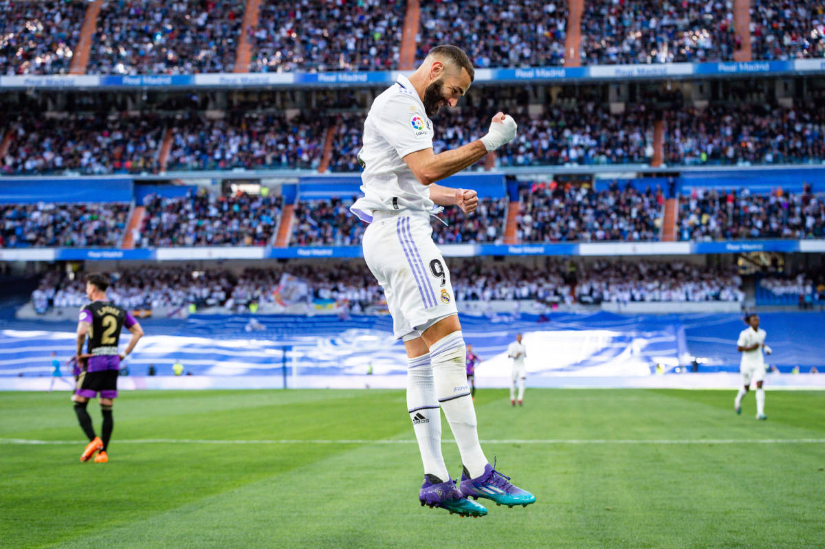 Karim Benzema pictured celebrating after scoring a hat-trick of goals for Real Madrid against Real Valladolid in April 2023