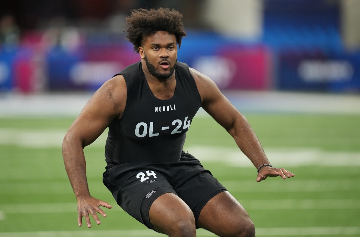 Mar 5, 2023; Indianapolis, IN, USA; Ohio State offensive lineman Paris Johnson, Jr. (OL24) during the NFL Scouting Combine at Lucas Oil Stadium. Mandatory Credit: Kirby Lee-USA TODAY Sports