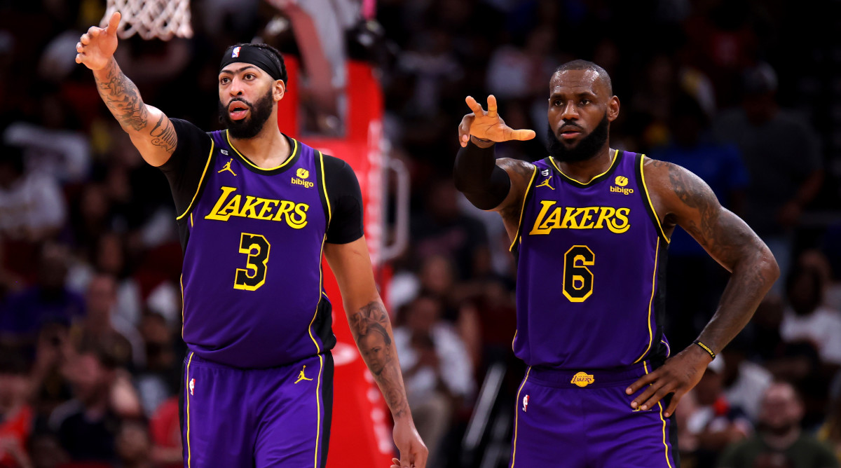 Anthony Davis and LeBron James playing for the Lakers.