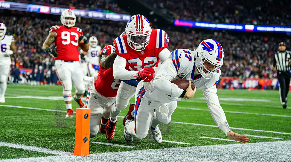 Devin McCourty hits Josh Allen near the pylon on Thursday Night Football between the Patriots and Bills.