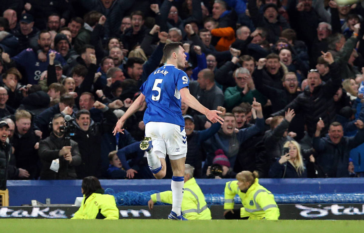 Everton defender Michael Keane pictured celebrating after scoring against Tottenham in April 2023