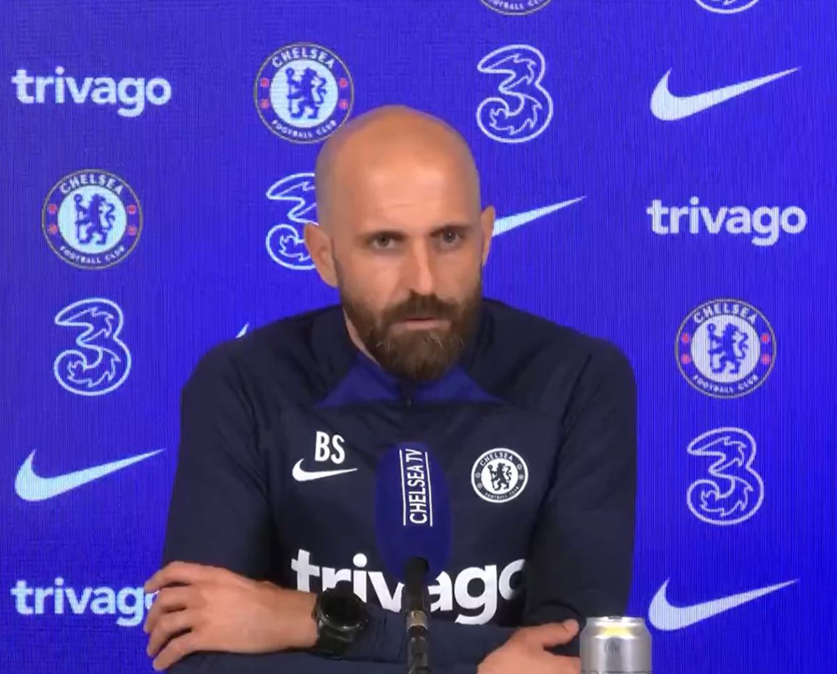 Bruno Saltor pictured in April 2023 during his first press conference as Chelsea's interim manager