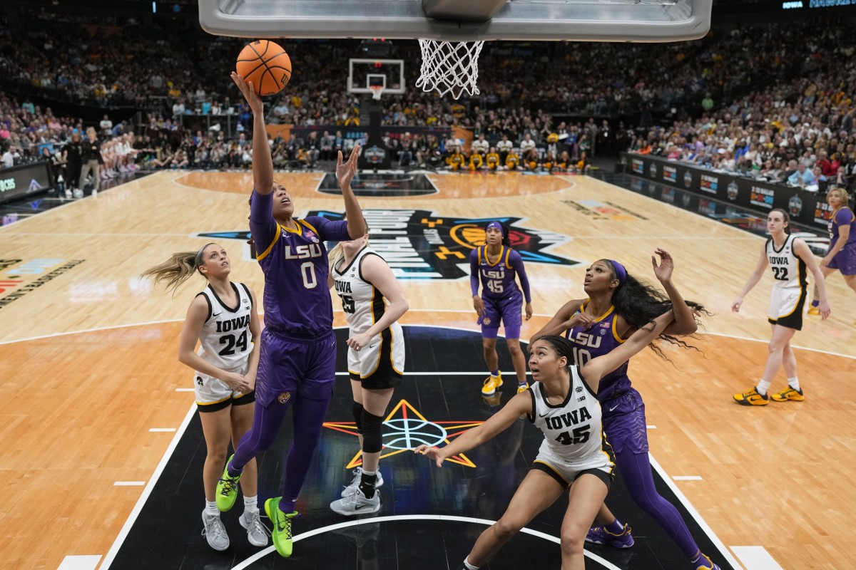 Apr 2, 2023; Dallas, TX, USA; LSU Lady Tigers forward LaDazhia Williams (0) shoots the ball against the Iowa Hawkeyes during the NCAA Women's Basketball Final Four National Championship at American Airlines Center.