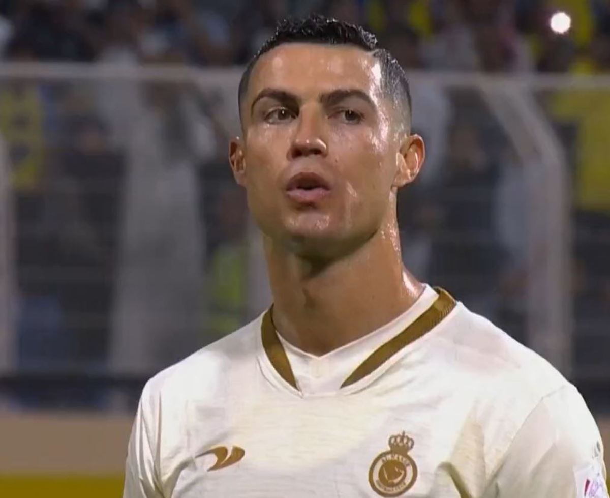 Cristiano Ronaldo pictured moments before he converted a penalty kick to score the 10th goal of his Al Nassr career during a game against Al-Adalah in April 2023