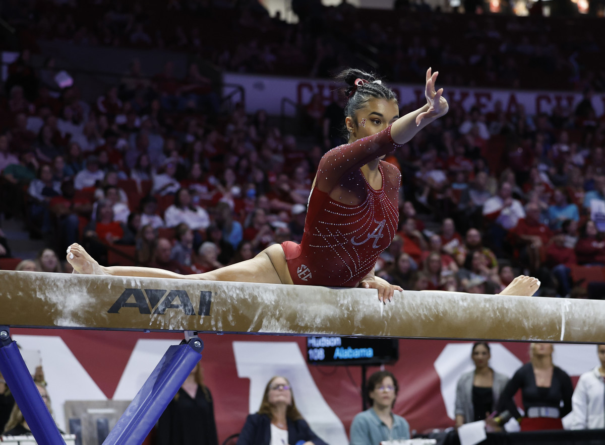 Alabama gymnast Luisa Blanco performs on beam during the 2023 NCAA women's gymnastics regional championship at Lloyd Noble Center.