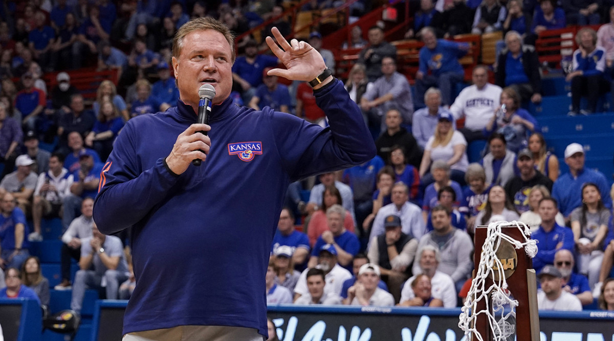 Kansas coach Bill Self speaks during the Senior Day after the win over Texas Tech.