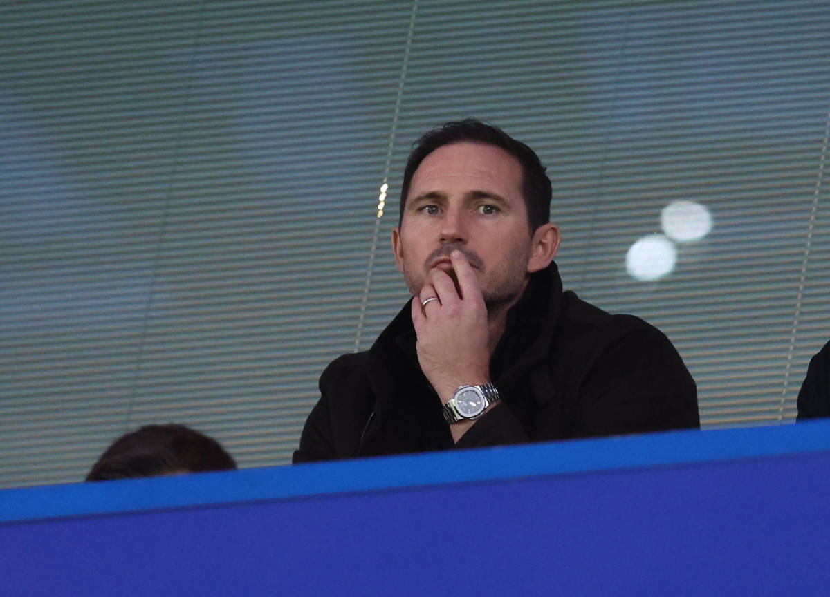 Frank Lampard pictured at Stamford Bridge watching Chelsea vs Liverpool in April 2023