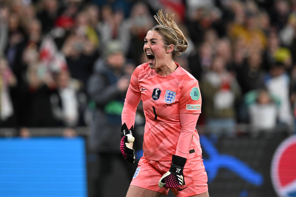 England goalkeeper Mary Earps pictured celebrating after helping her team beat Brazil in a penalty shootout to win the first ever Women's Finalissima in April 2023