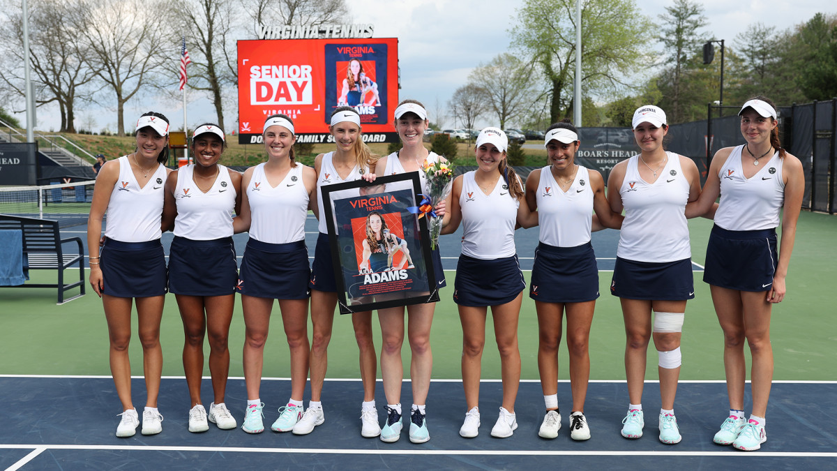 The Virginia women's tennis team honors Julia Adams on Senior Day ahead of the match against Virginia Tech at Boar's Head Sports Club.
