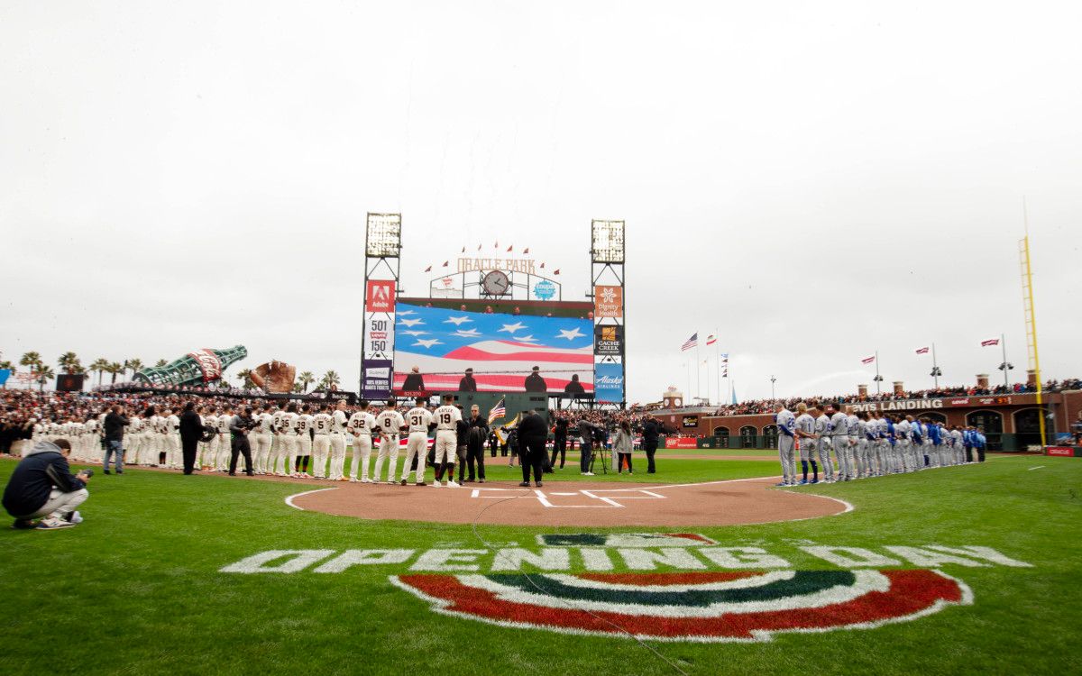 SF Giants and Royals during pregame ceremonies at Oracle Park on Opening Day. (2023)