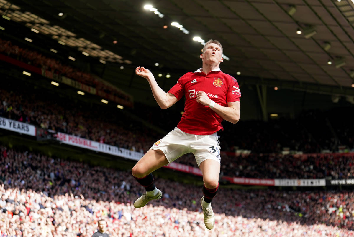 Scott McTominay pictured celebrating after scoring for Manchester United against Everton in April 2023