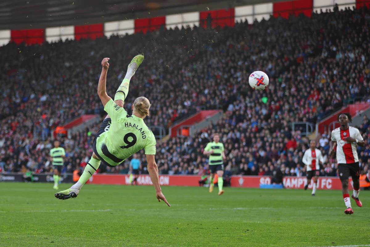 Manchester City striker Erling Haaland pictured scoring his 30th Premier League goal of the 2022/23 season with a spectacular bicycle kick finish against Southampton