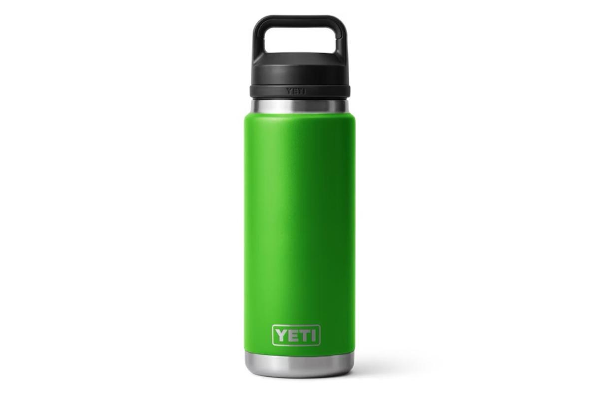 Yeti Rambler water bottle in lime green with a black lid