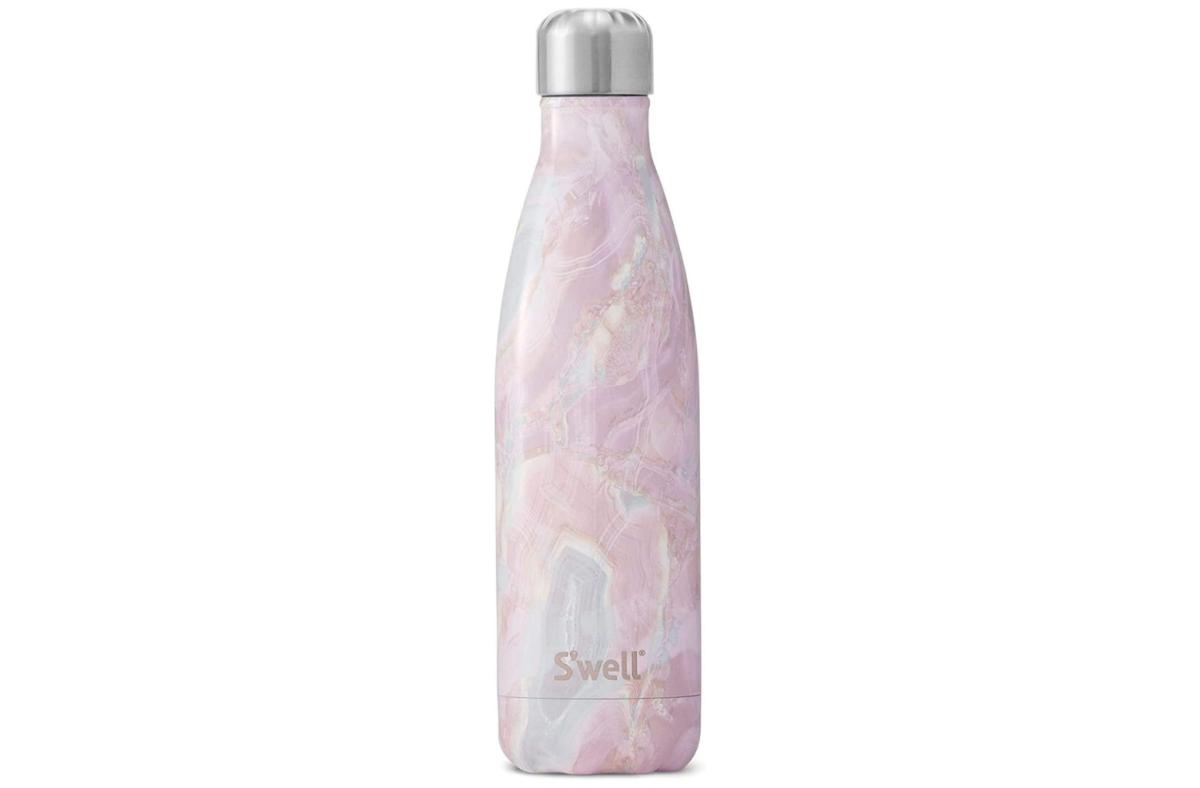 S’well water bottle with a marbled light pink and light blue pattern