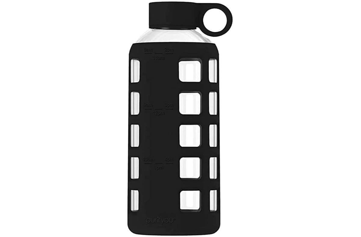 Purifyou Glass Water Bottle with a black lid and grip cover