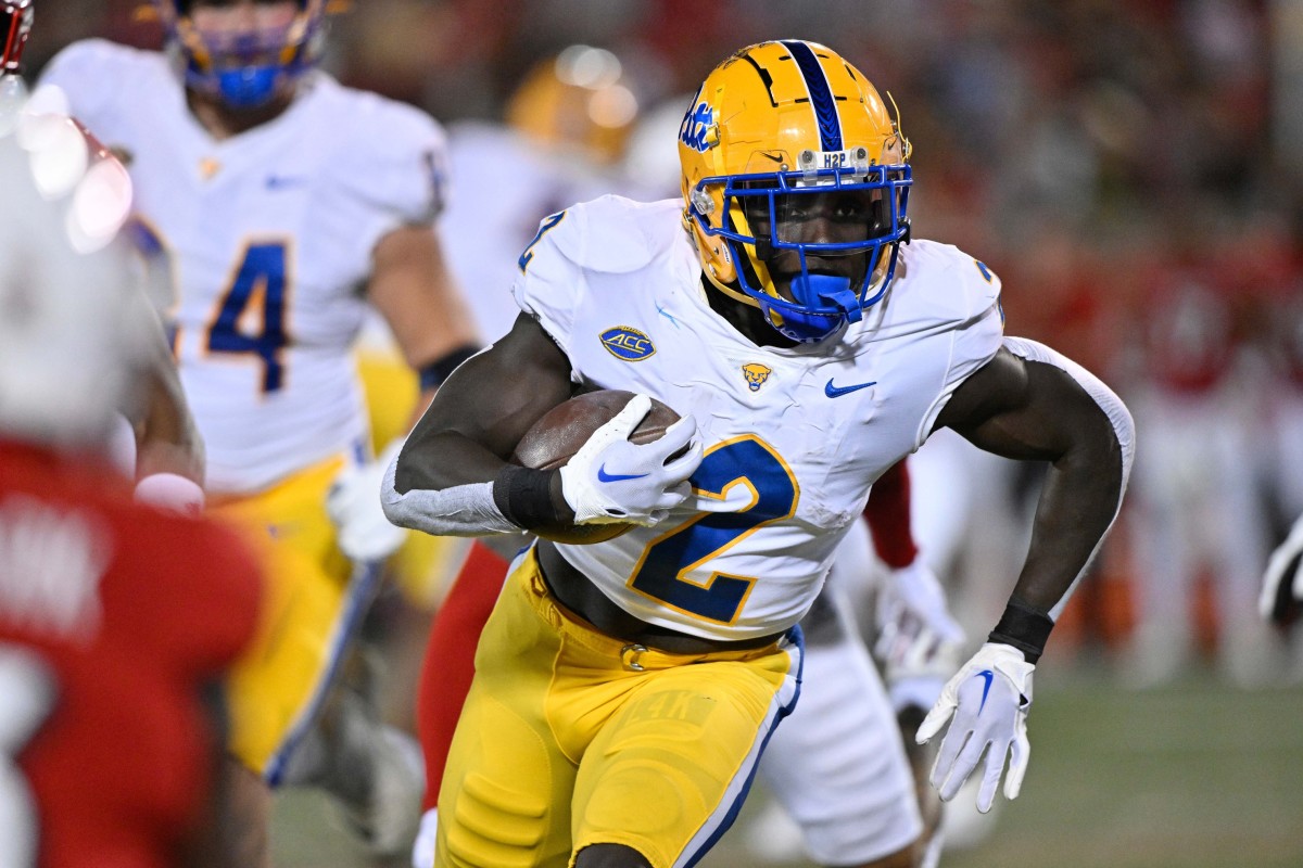 Oct 22, 2022; Louisville, Kentucky, USA; Pittsburgh Panthers running back Israel Abanikanda (2) runs the ball against the Louisville Cardinals during the first half at Cardinal Stadium. Louisville defeated Pittsburgh 24-10. Mandatory Credit: Jamie Rhodes-USA TODAY Sports