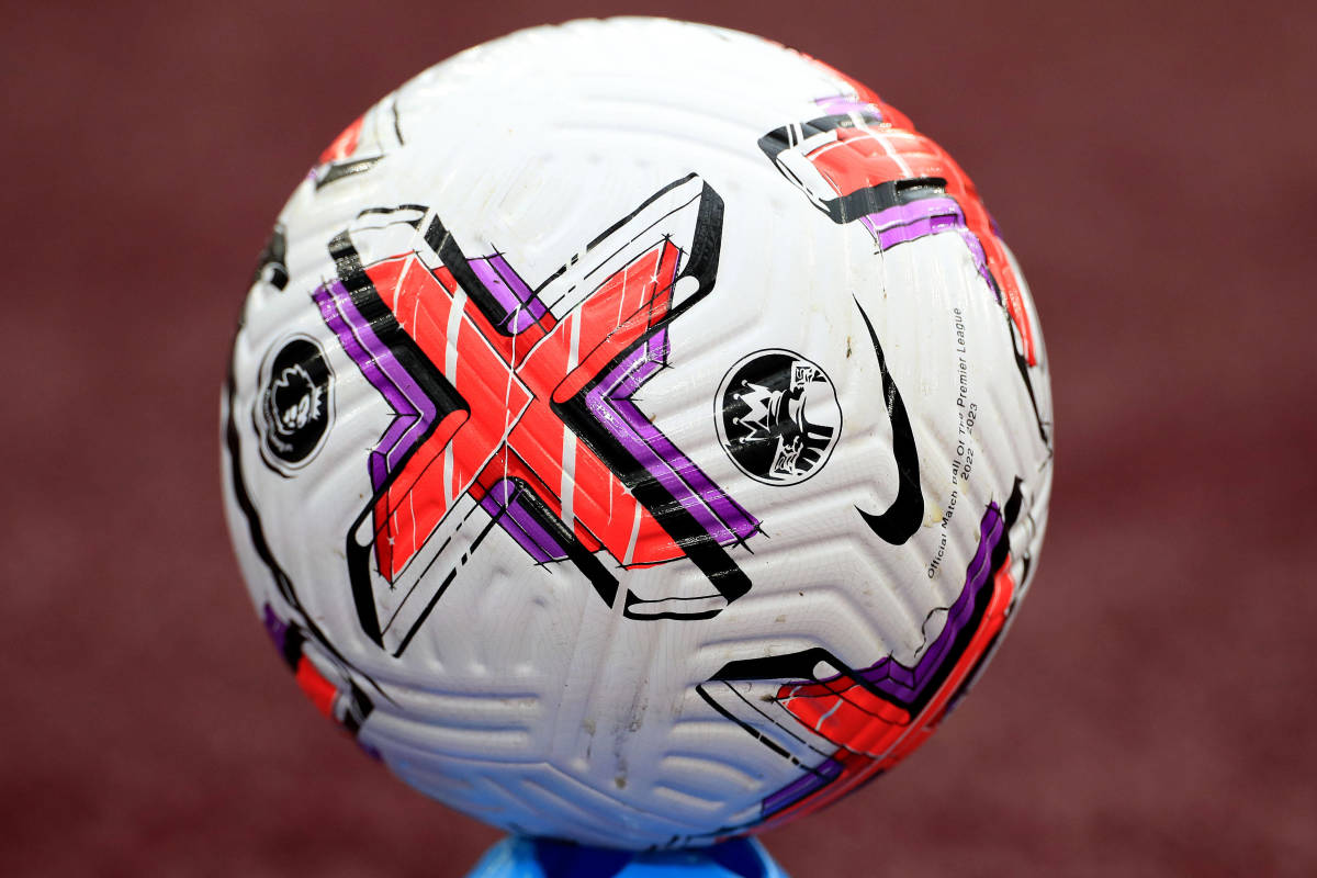 A close-up shot of a Premier League match ball taken at a game between West Ham United and Aston Villa in March 2023