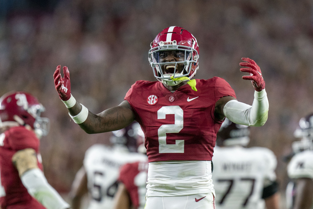 Alabama Crimson Tide defensive back DeMarcco Hellams (2) reacts during the second half against the Texas A&M Aggies at Bryant-Denny Stadium.