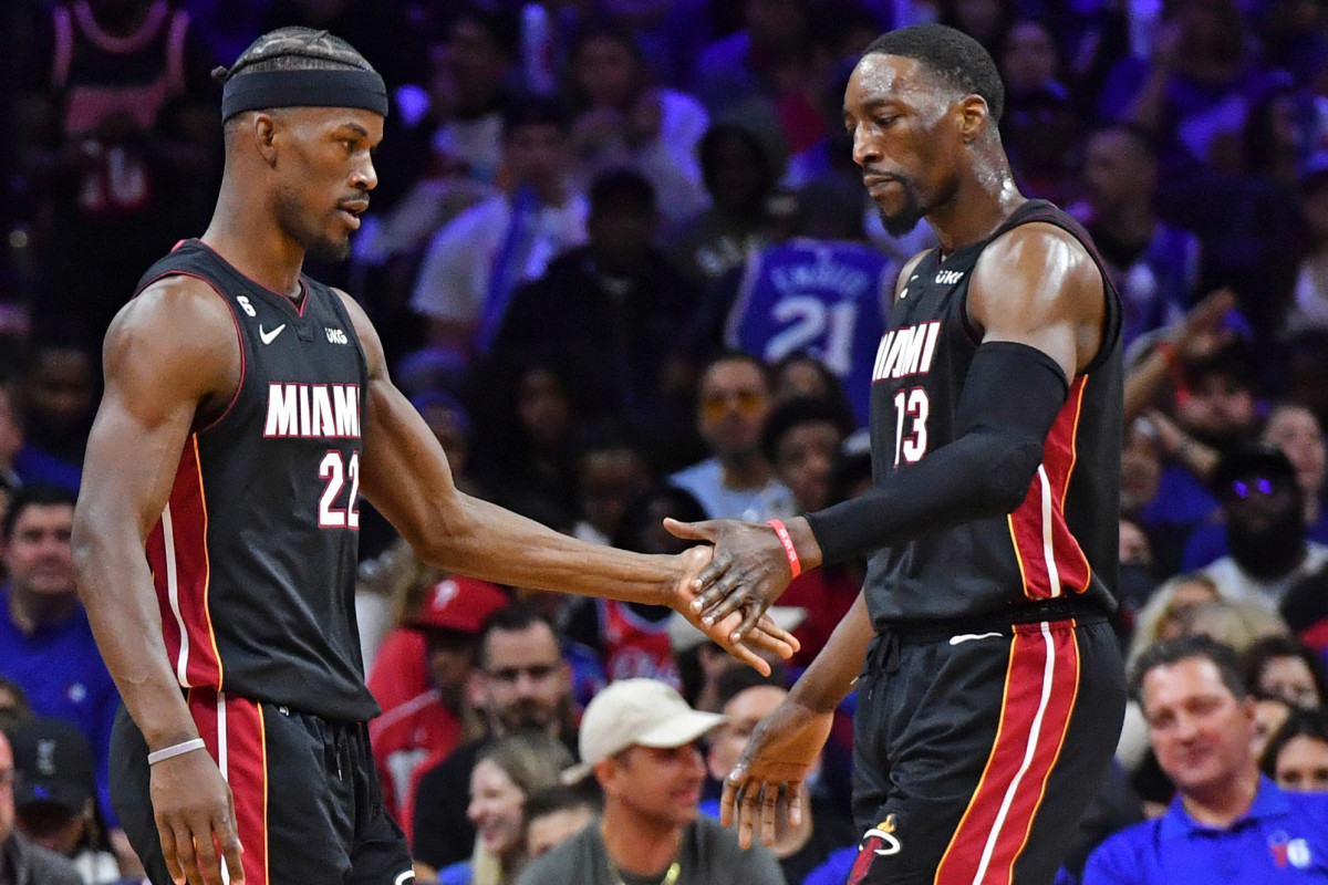 Jimmy Butler and Bam Adebayo of the Miami Heat