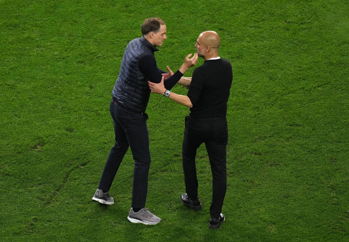 Thomas Tuchel (left) and Pep Guardiola pictured shaking hands after the 2021 UEFA Champions League final