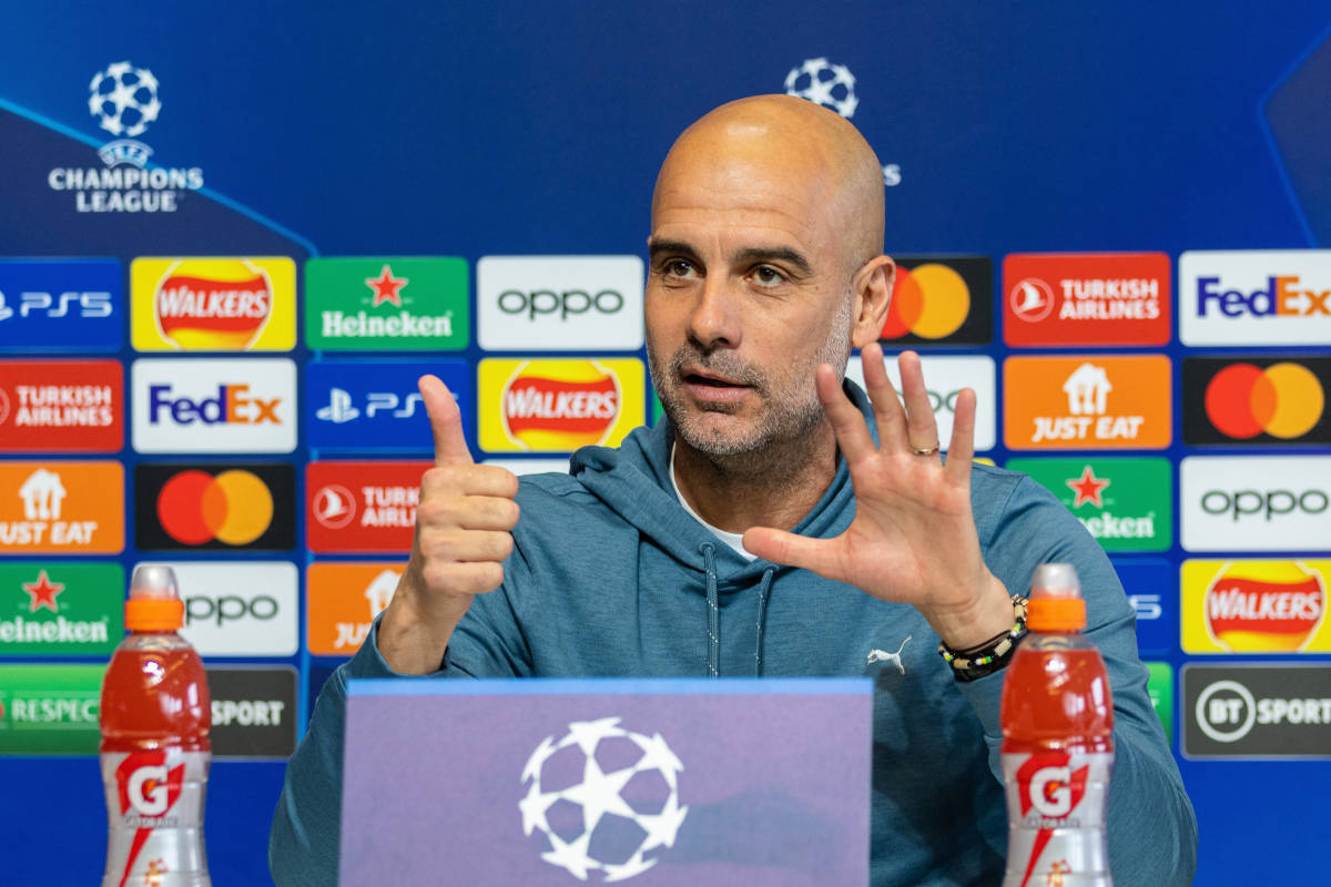 Manchester City manager Pep Guardiola pictured at a press conference the day before his team's Champions League quarter-final first leg against Bayern Munich in April 2023