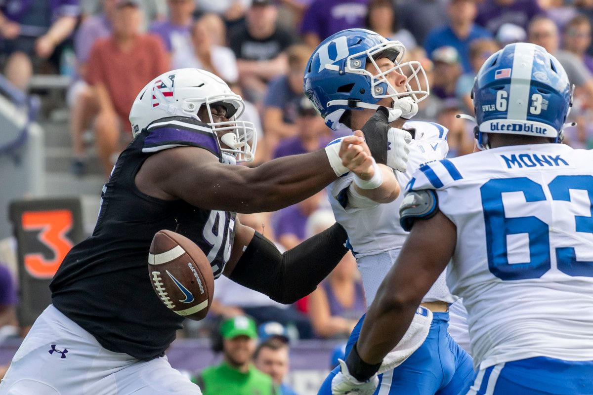 Adebawore sacks Duke QB Riley Leonard, forcing a fumble.