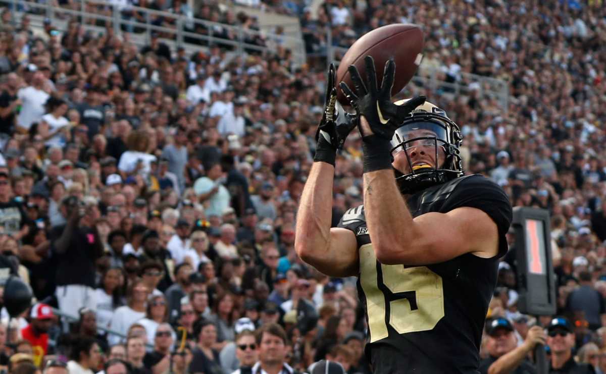 Purdue Boilermakers wide receiver Charlie Jones (15) catches a pass for a touchdown during the NCAA football game against the Indiana State Sycamores, Saturday, Sept. 10, 2022, at Ross-Ade Stadium in West Lafayette, Ind.