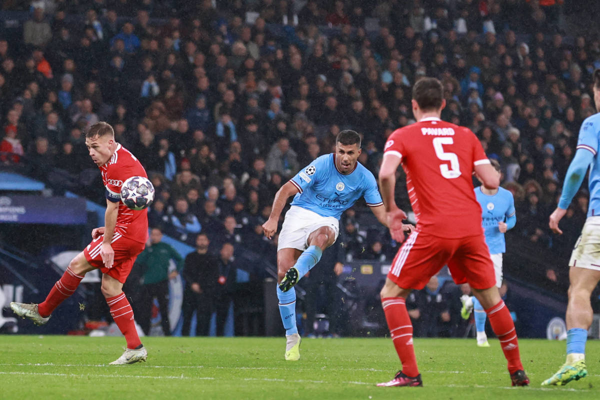 Manchester City midfielder Rodri pictured (center) moments after shooting from long range to score his first ever Champions League goal in a quarter-final first leg against Bayern Munich in April 2023