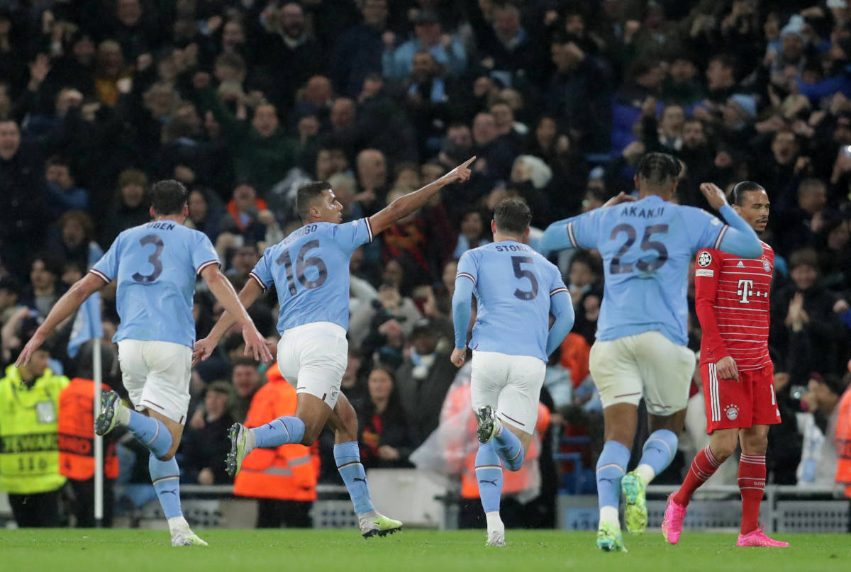 Players from Manchester City pictured celebrating during a 3-0 win over Bayern Munich in April 2023