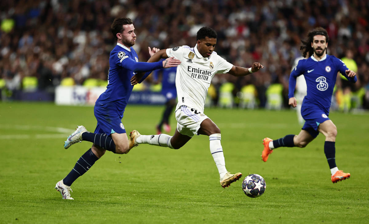 Chelsea defender Ben Chilwell pictured (left) fouling Rodrygo of Real Madrid during a Champions League game in April 2023