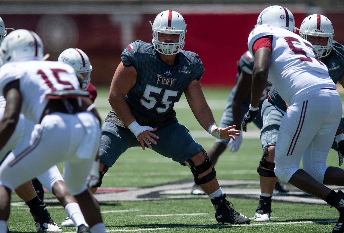 Troy offensive lineman Jake Andrews (55) during the Troy University T-Day spring scrimmage game in Troy, Ala., on Saturday April 20, 2019.