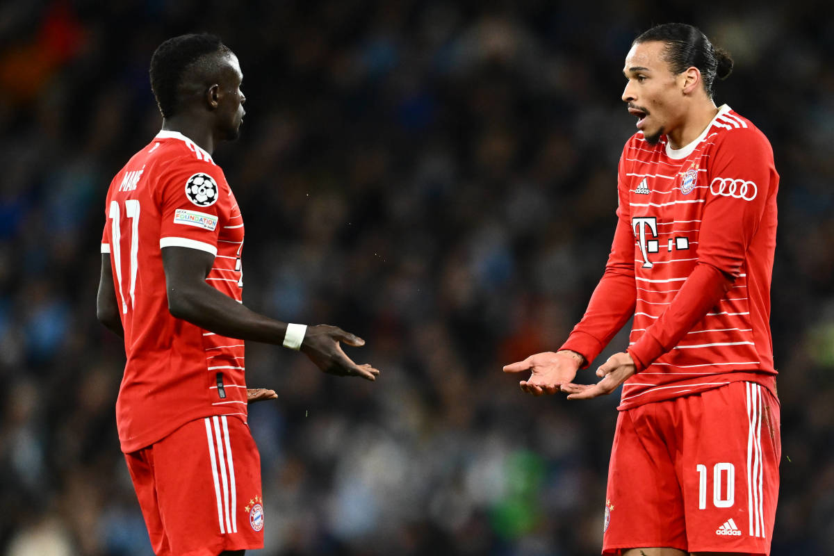 Bayern Munich teammates Sadio Mane (left) and Leroy Sane pictured arguing on the pitch during a 3-0 loss at Manchester City in April 2023