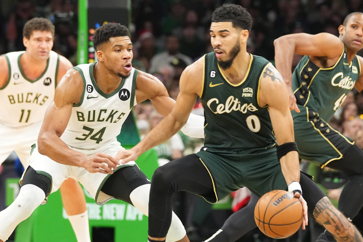 Bucks center Giannis Antetokounmpo and Celtics forward Jayson Tatum