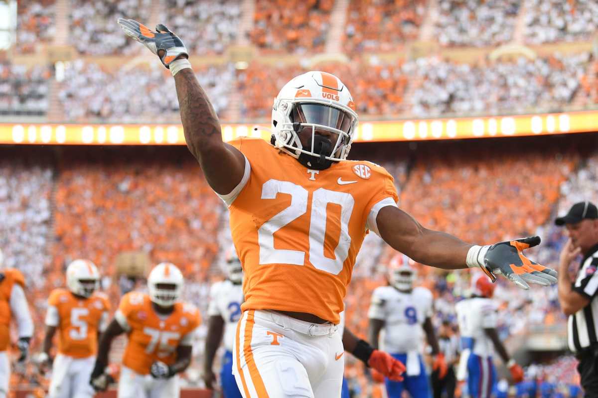Tennessee RB Jaylen Wright after scoring a touchdown against the Florida Gators in Knoxville, Tennessee, on November 1, 2022. (Photo by Caitie McMekin of USA Today Network)