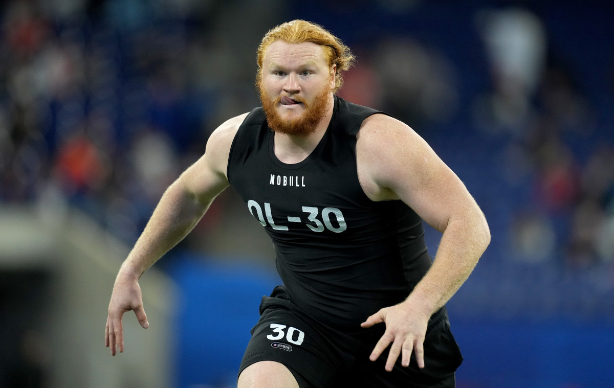 Mar 5, 2023; Indianapolis, IN, USA; North Dakota State offensive lineman Cody Mauch (OL30) during the NFL Scouting Combine at Lucas Oil Stadium.