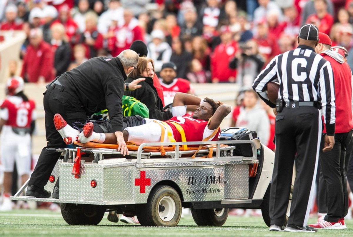 Indiana's Dexter Williams (5) is carted off the field after an injury during the first half of the Indiana versus Purdue football game at Memorial Stadium on Saturday, Nov. 26, 2022.