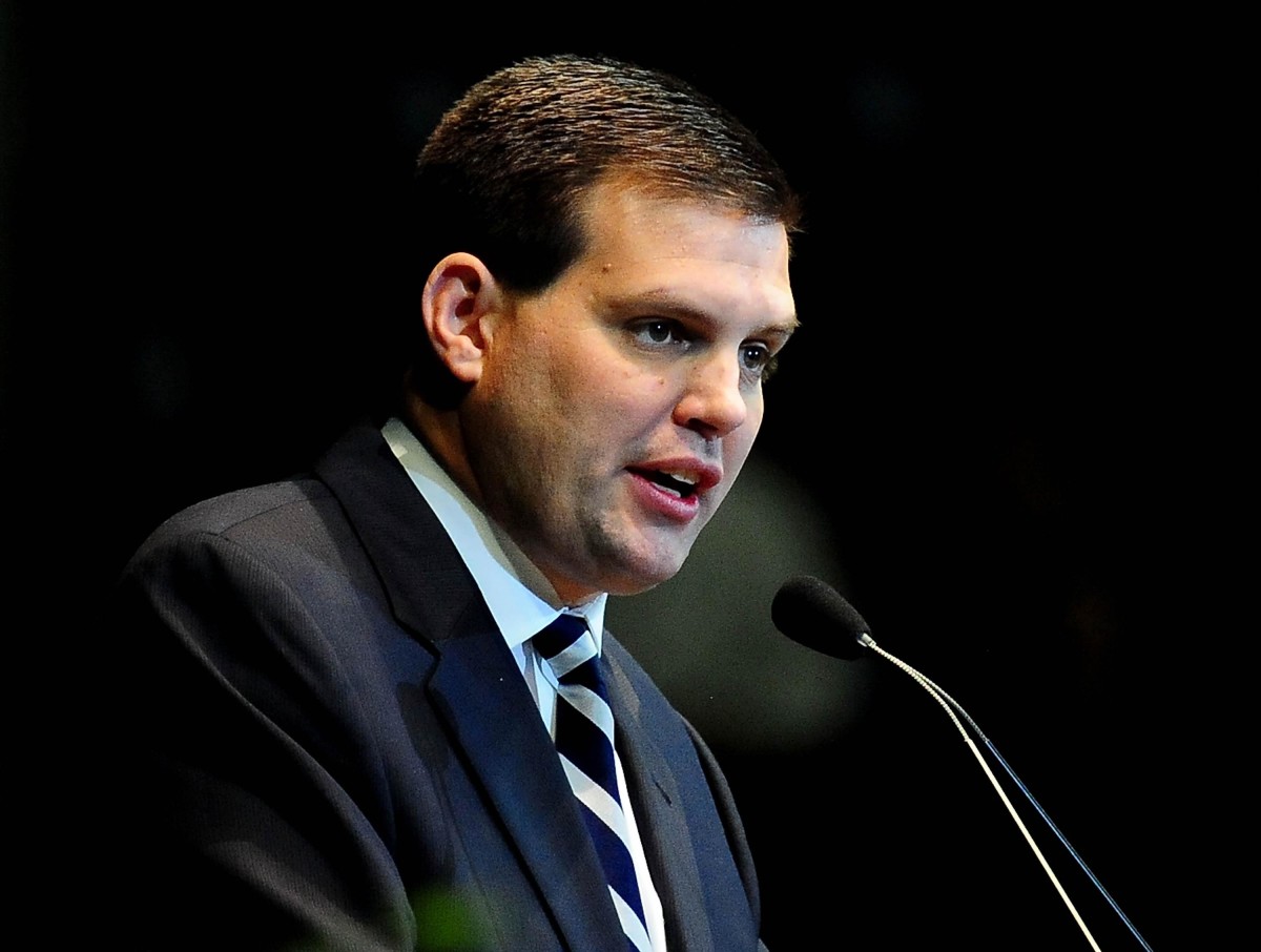 Former Penn State assistant football coach Jay Paterno speaks at a memorial for his father Joe.